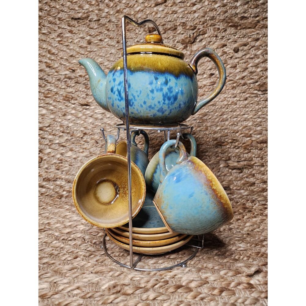 Artisanal Ceramic Teapot & Cup Set in Blue and Yellow